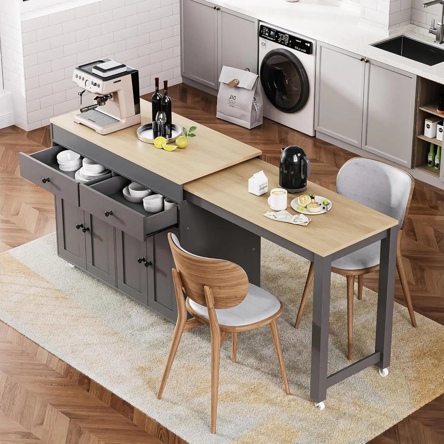 Fluted Rolling Kitchen Island With Power Outlet And Drop Leaf