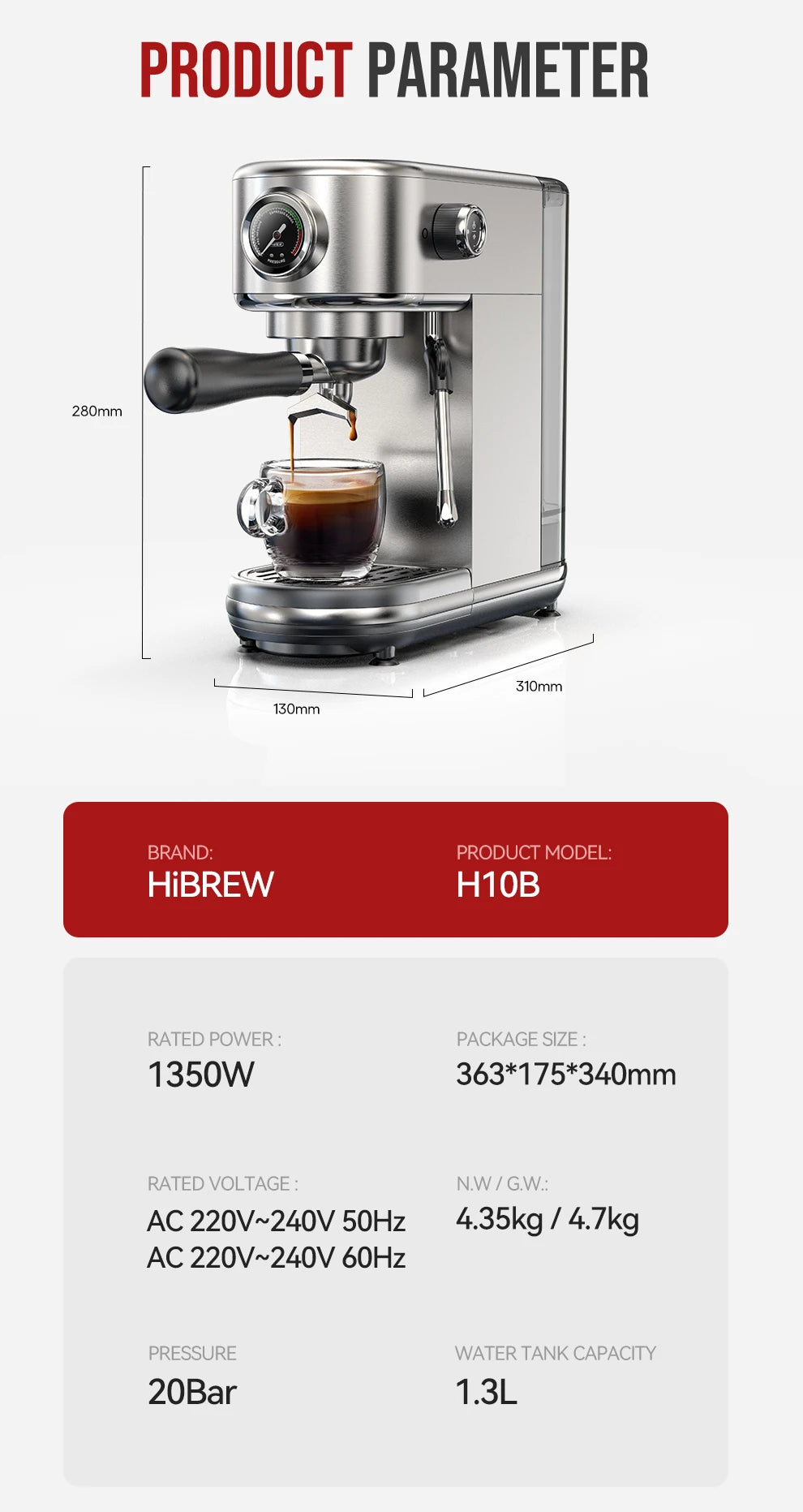 HiBREW 20Bar Semi Automatic Espresso Machine For Home Use