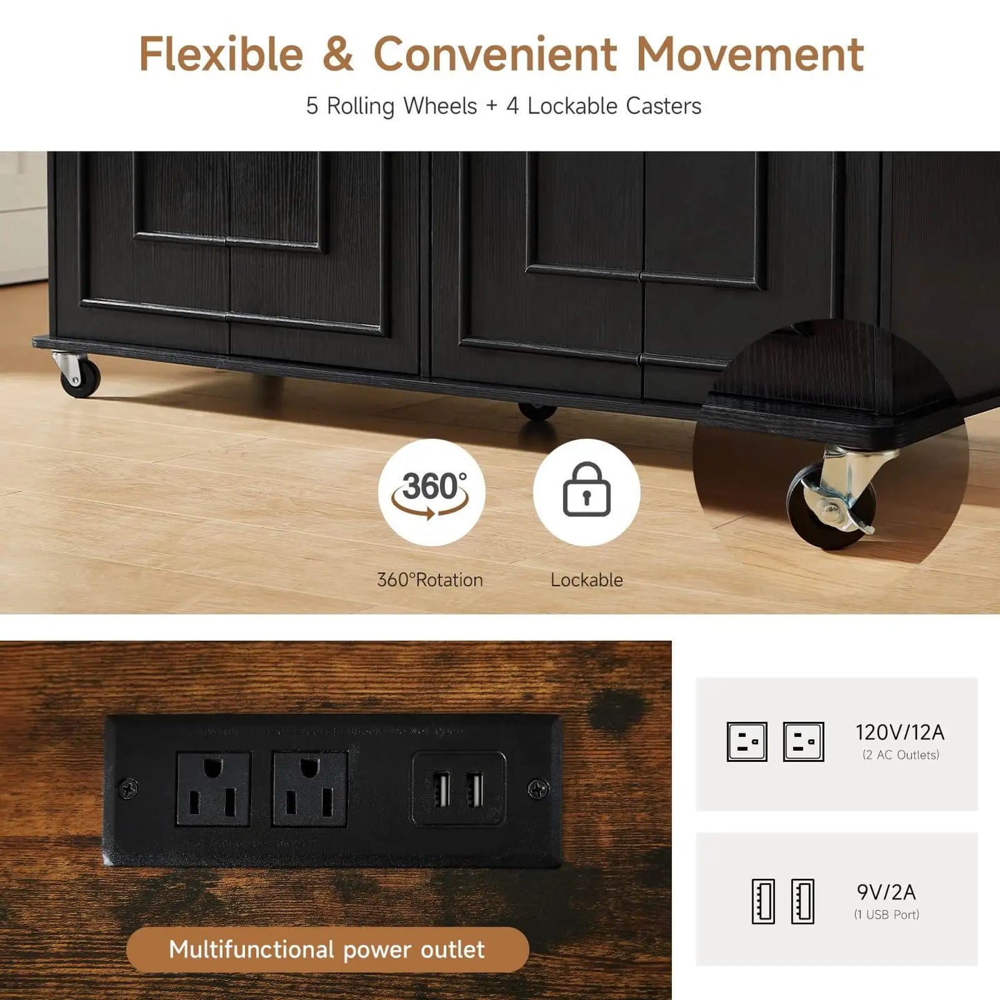 Mobile Kitchen Island Cart With Drop Leaf And Power Outlet