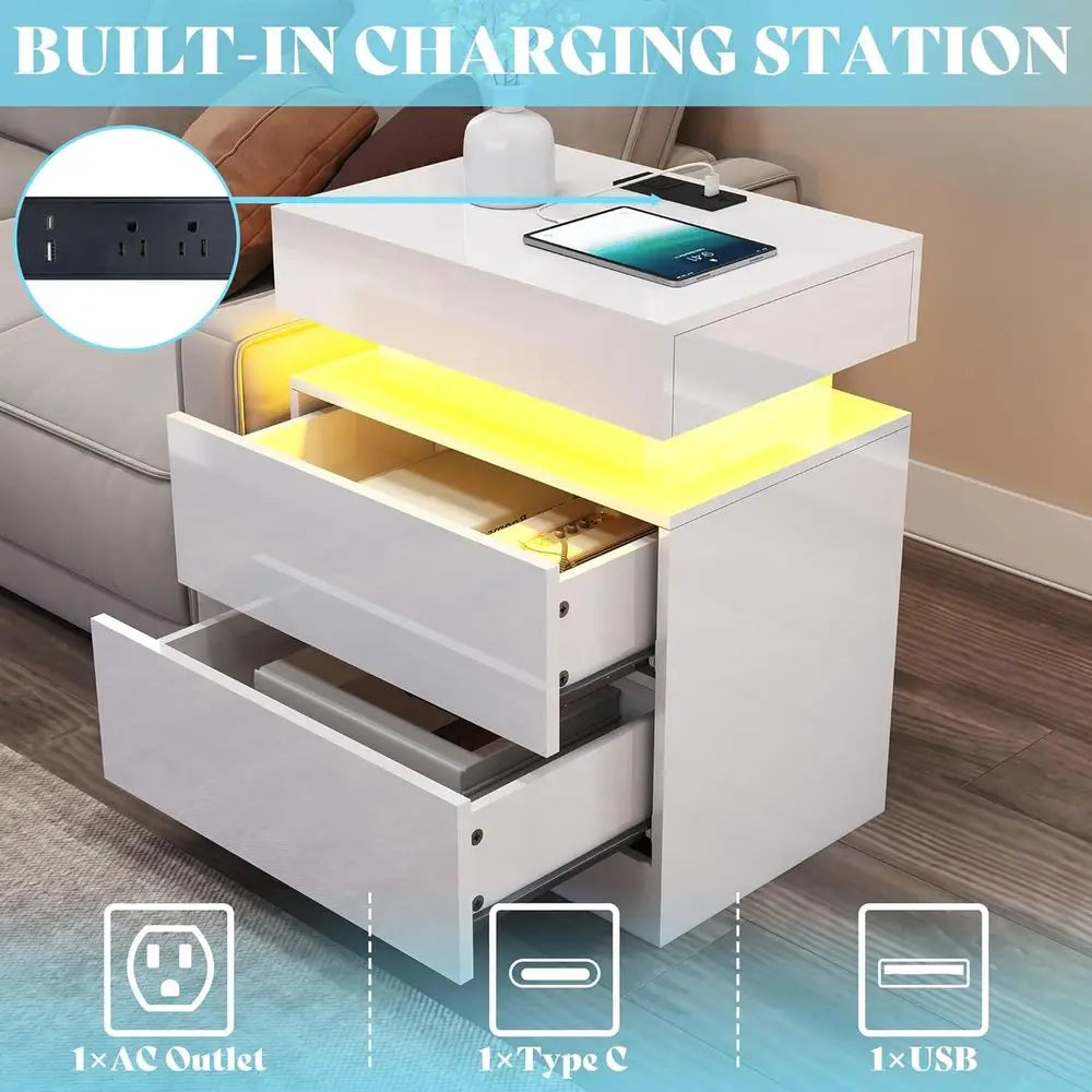 Modern LED Illuminated Living Room Table Set With Charging Station