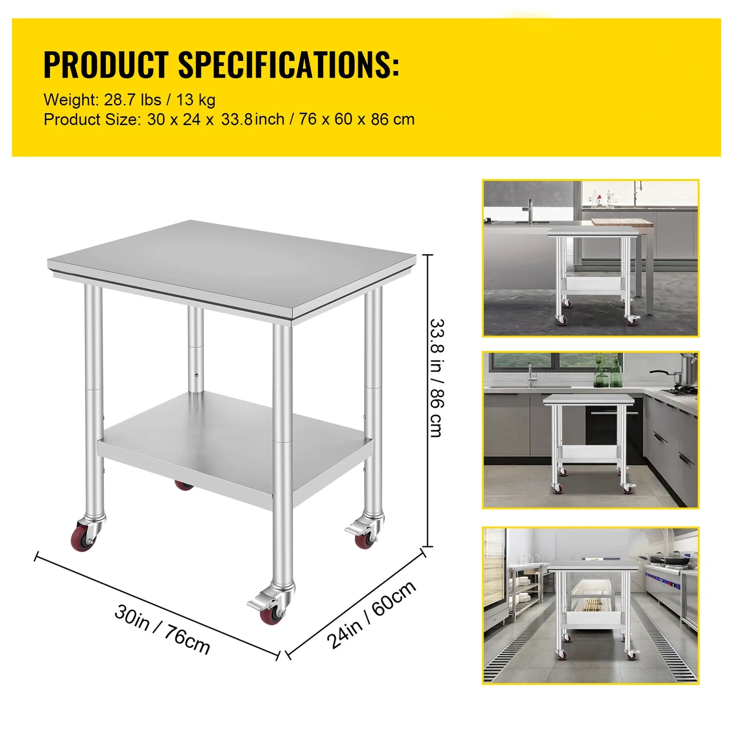 SucceBuy Stainless Steel Kitchen Work Table With Casters For Home