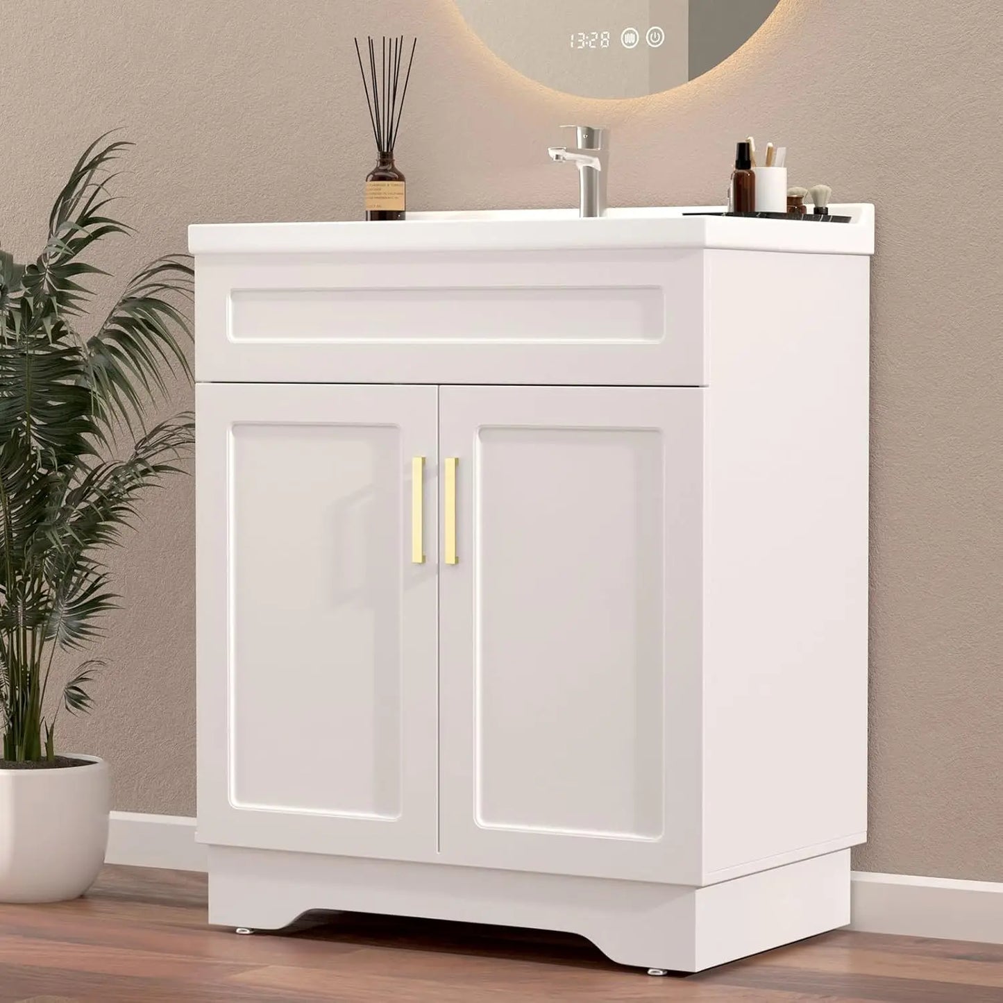 Bathroom Vanity With Ceramic Sink Wood Cabinet Large Storage Space
