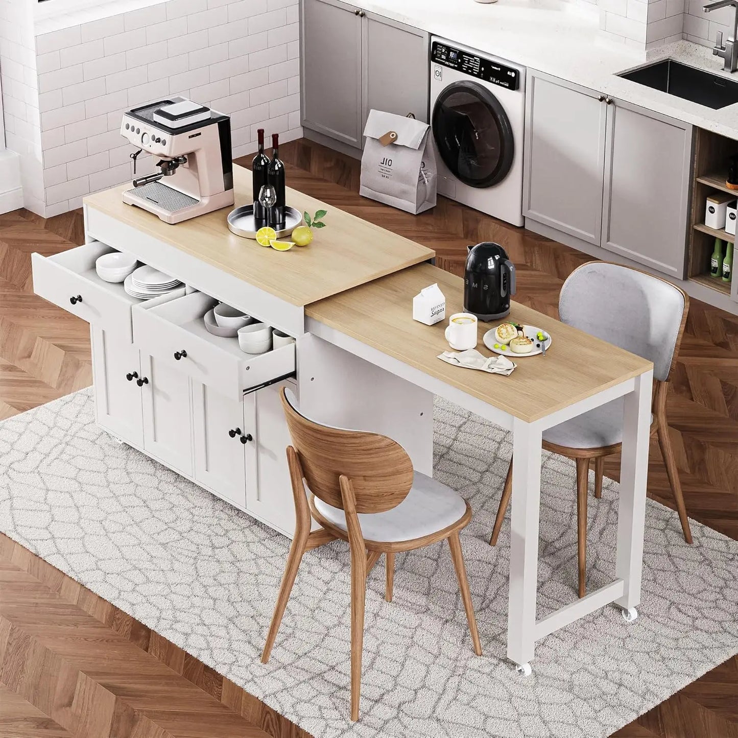 Fluted Rolling Kitchen Island With Power Outlet And Drop Leaf