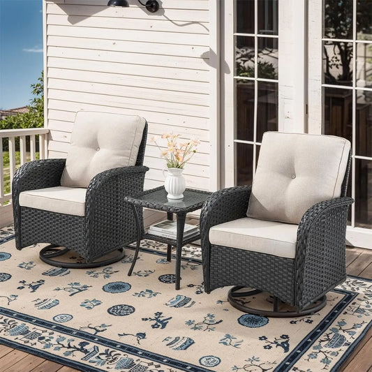 Wooden Outdoor Wicker Patio Swivel Rocker Glider Chairs Set With Side Table