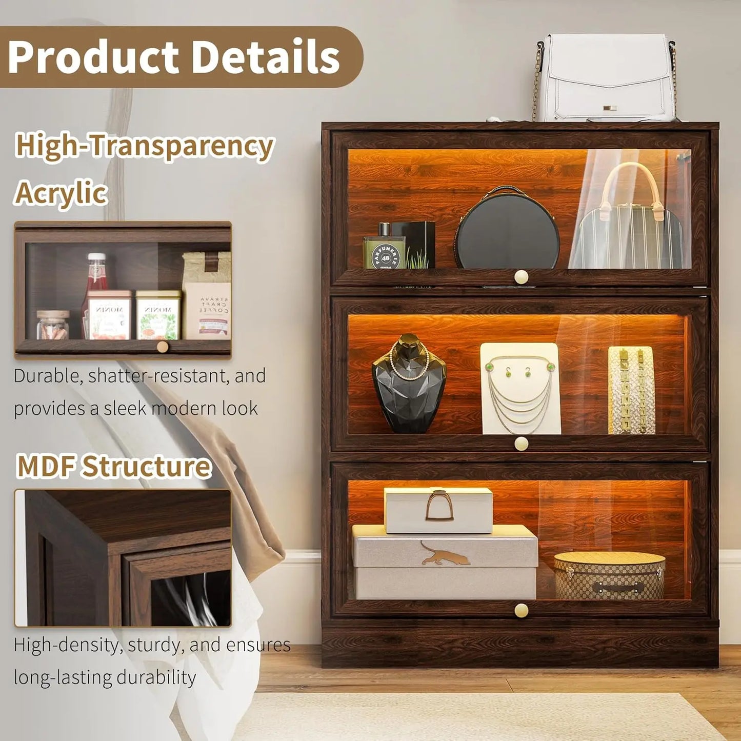 ZHILU 3-Tier Display Cabinet With Acrylic Doors LED Light