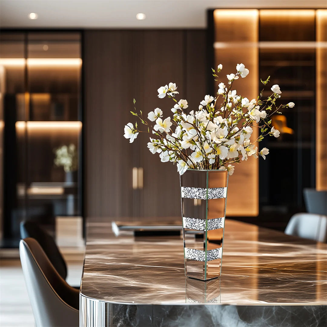 Modern Floor Vase With Crystal Glass Standing Mirrored Flower Display