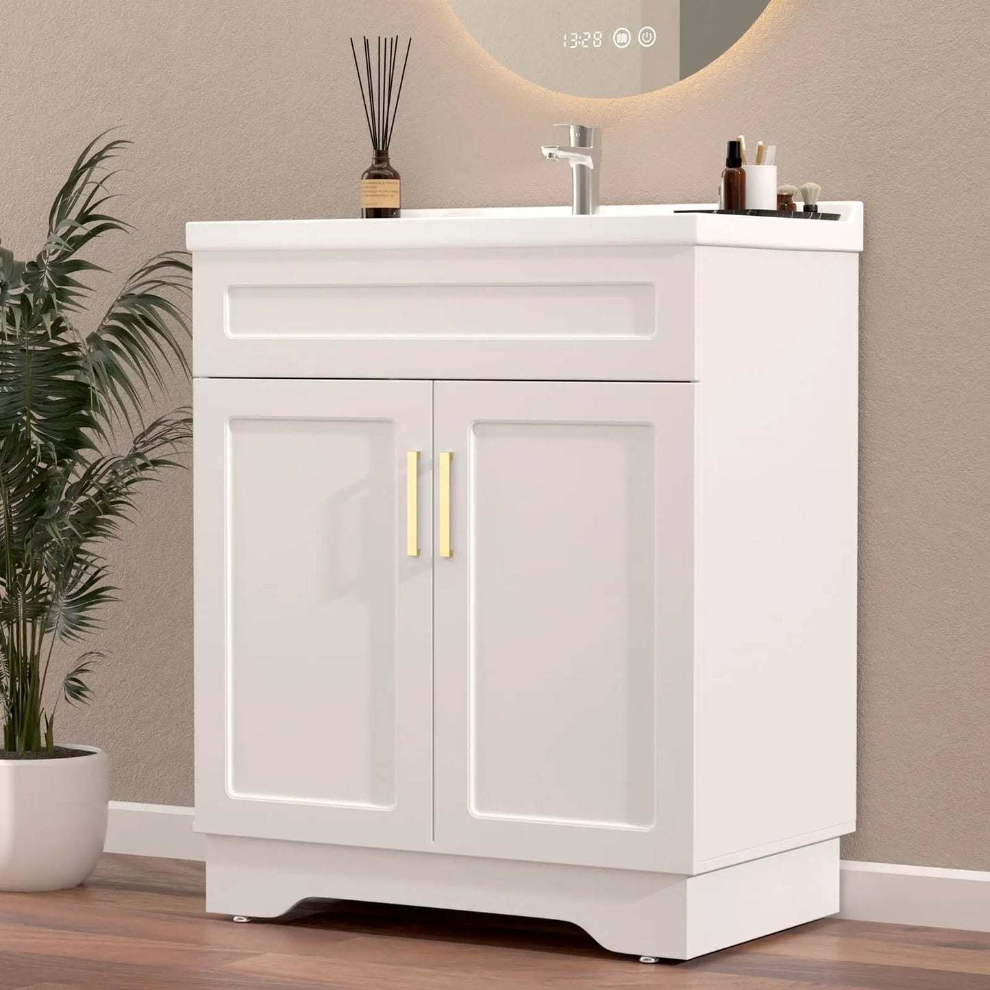 Bathroom Vanity With Ceramic Sink Wood Cabinet Large Storage Space