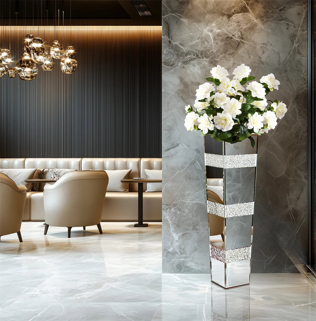 Modern Floor Vase With Crystal Glass Standing Mirrored Flower Display