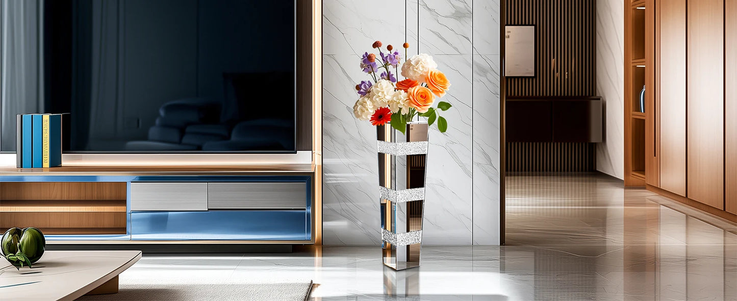Modern Floor Vase With Crystal Glass Standing Mirrored Flower Display