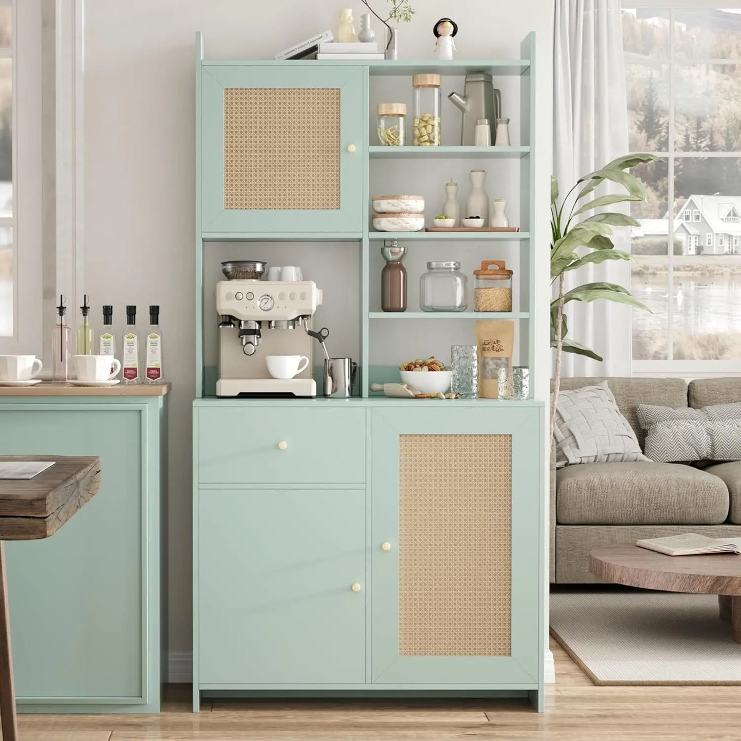 71in Kitchen Pantry Cabinet With Microwave Stand Adjustable Shelves Tall Storage Cabinet For Dining Room Living Room