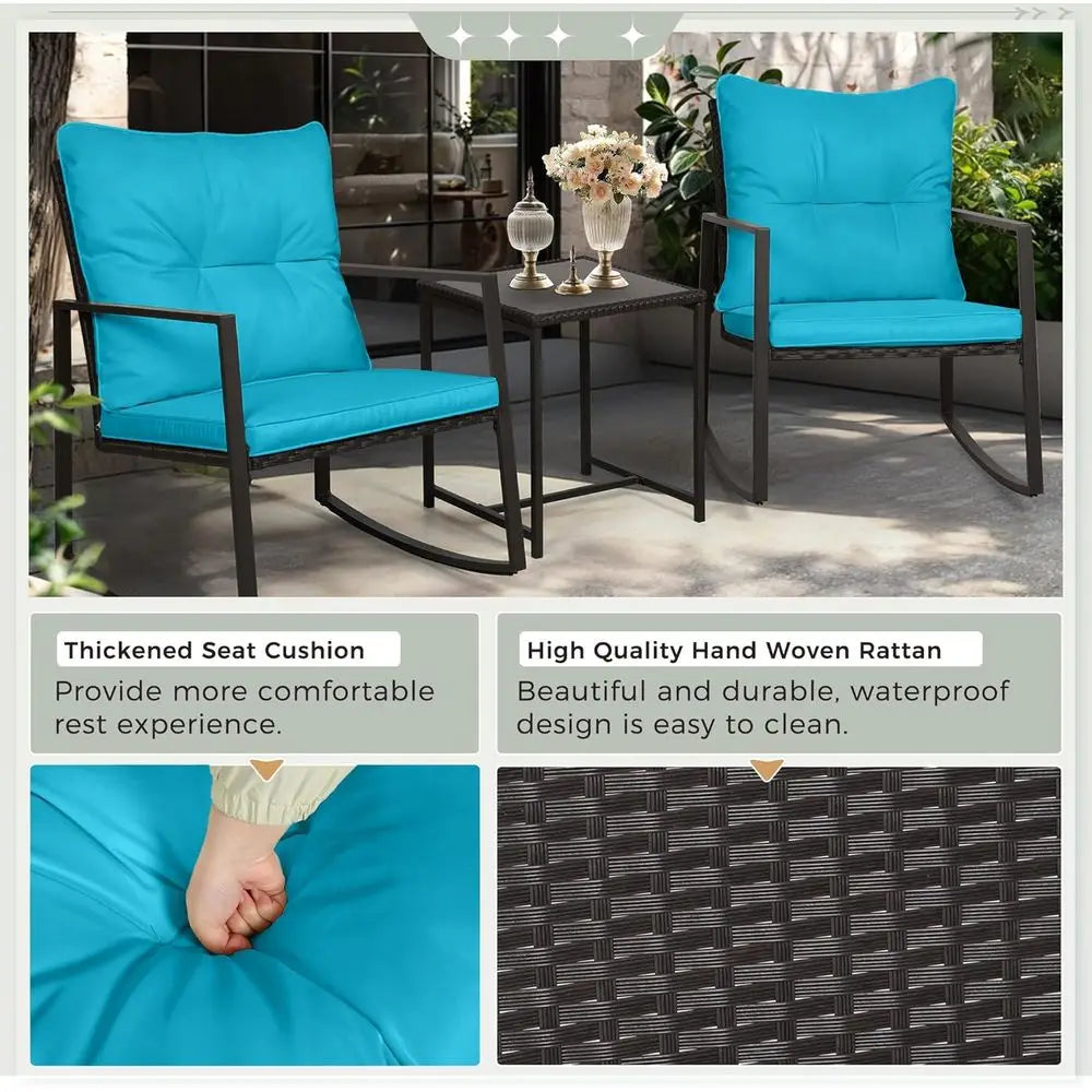 3-Piece Wicker Outdoor Rocking Bistro Set With Cushions Coffee Table