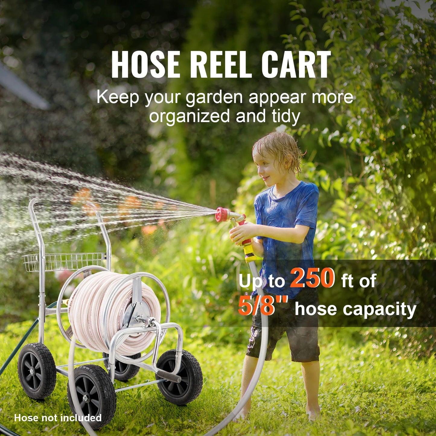 SucceBuy Hose Reel Cart With Basket Heavy Duty Garden Steel
