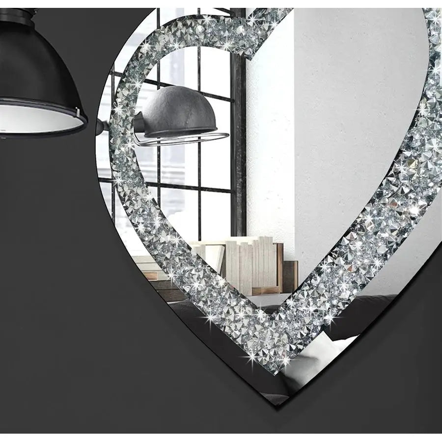 Crystal Crush Diamond Heart Shaped Silver Wall Decor Mirror Frameless