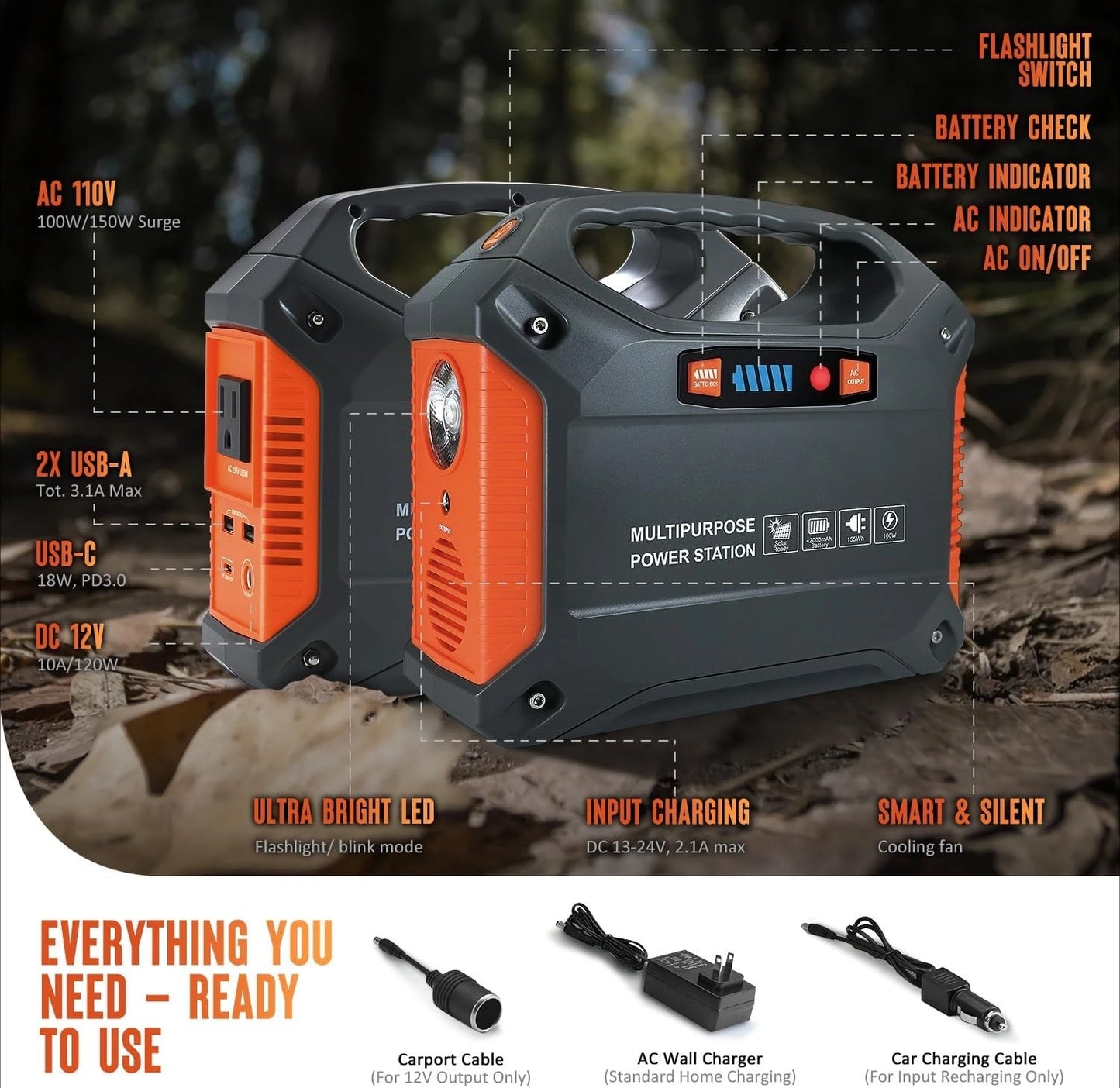 155Wh Portable Power Station With 30W Solar Panel For Camping