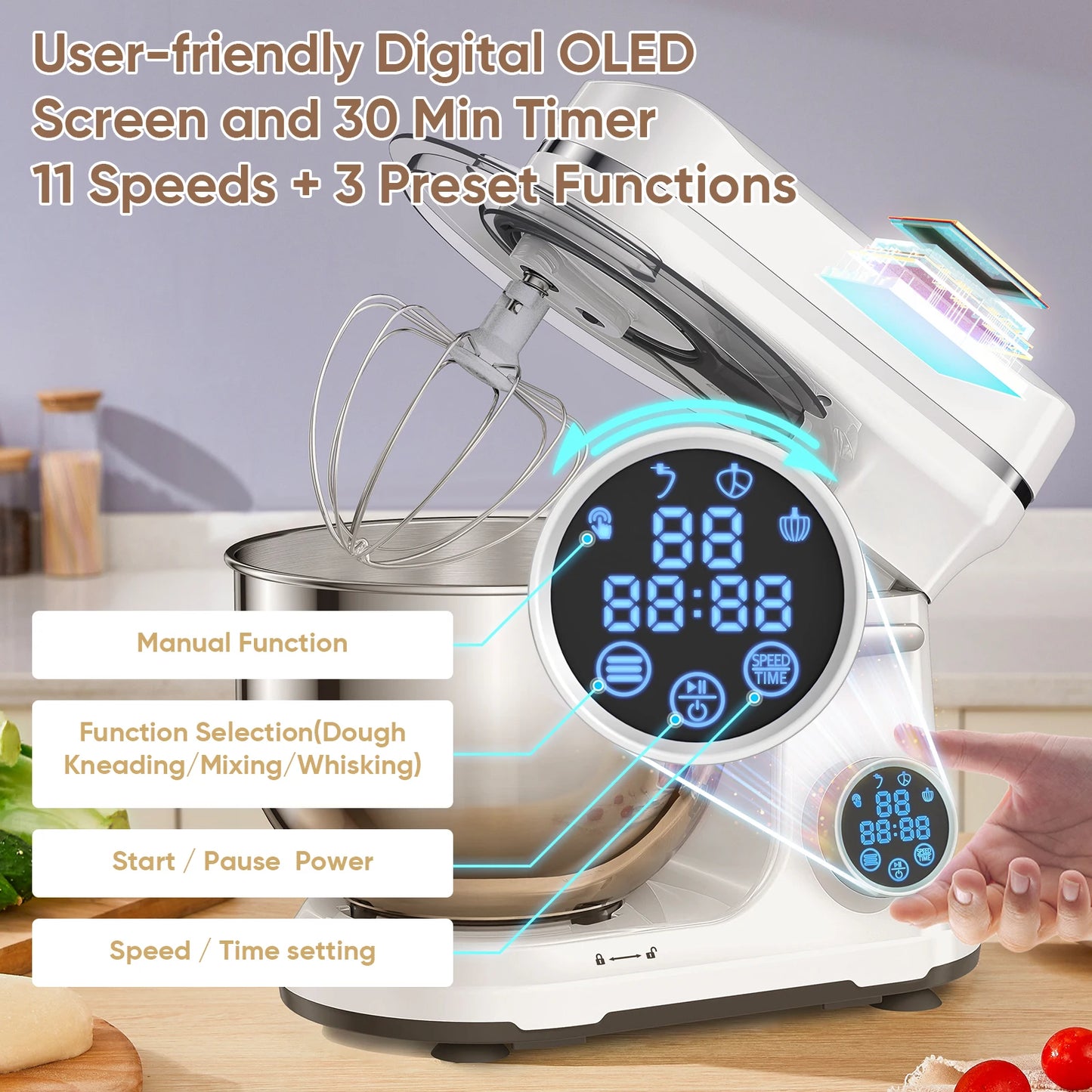 Biolomix Stand Mixer 1200W 11 Speed DC Motor With Dough Hook