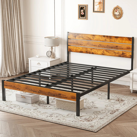 MCQ Wooden Headboard Platform Bed Frame With Metal Slats