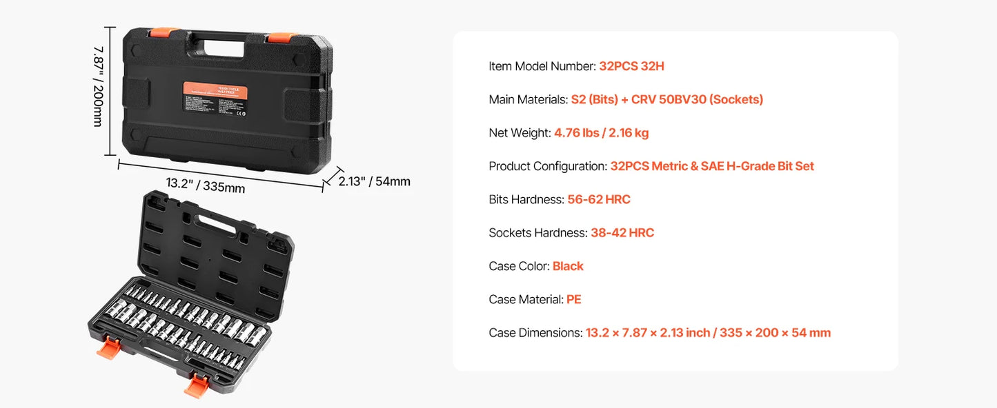 Hex Bit Socket Set S2 Cr-V Alloy Steel Case Metric-Grade