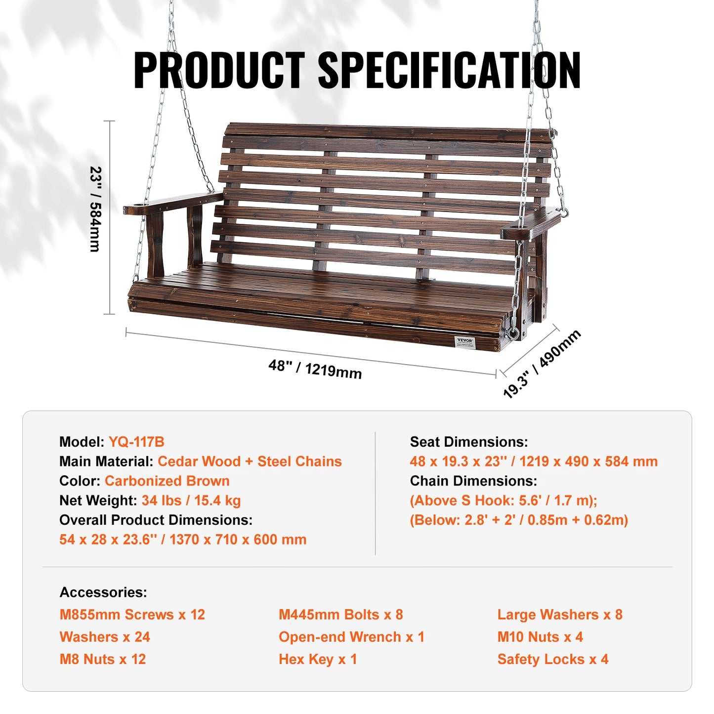 SucceBuy Wooden Porch Swing Outdoor Patio Bench Garden Seat