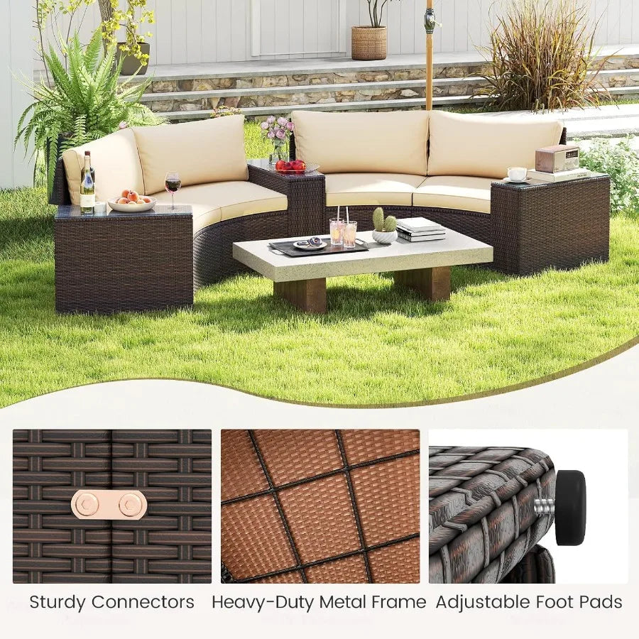 PE Rattan Half Moon Patio Sectional Set With Glass Tables