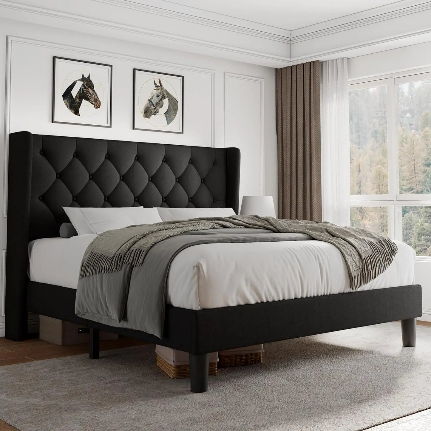 Velvet Platform Bed With Button Tufted Upholstered Frame Wooden Slats