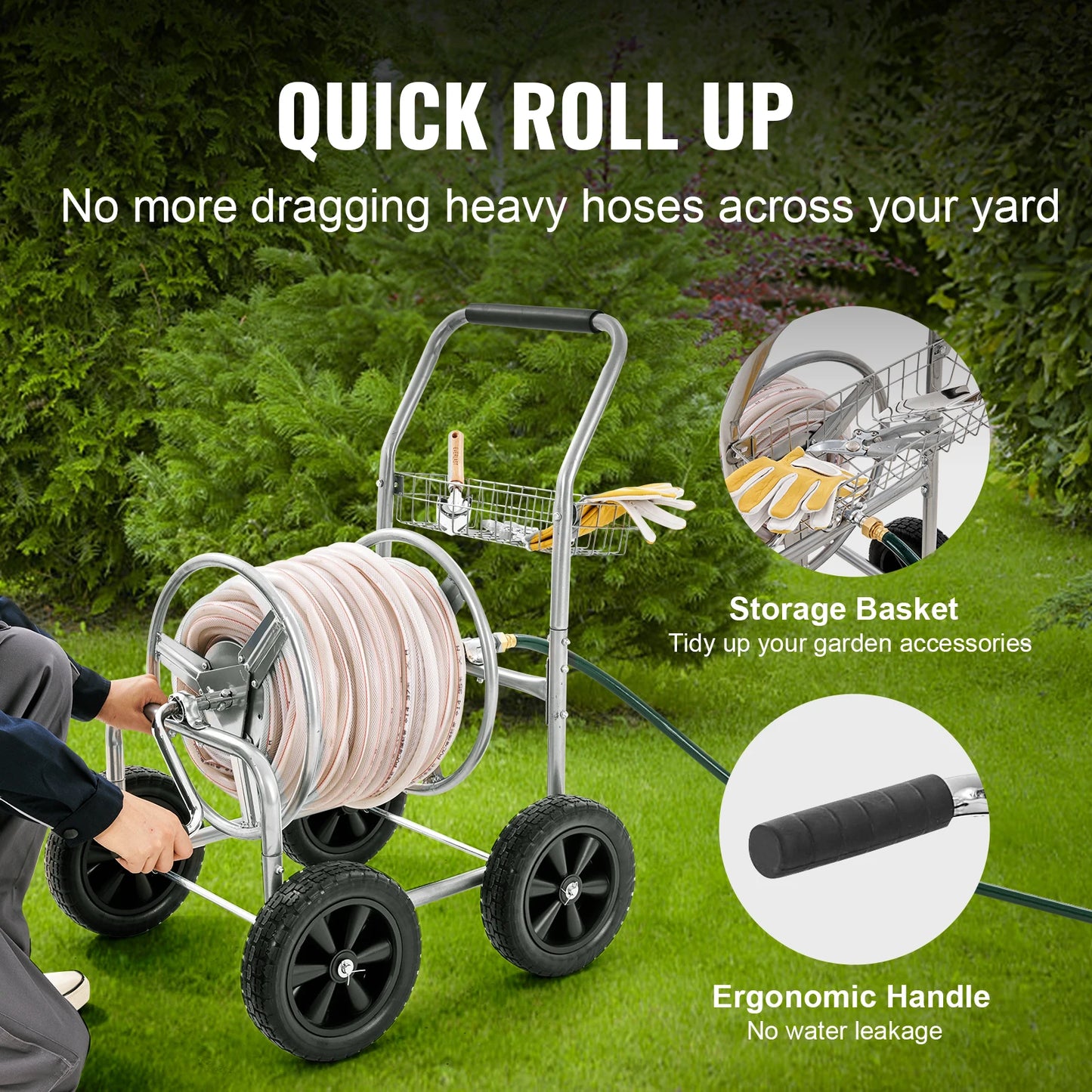 SucceBuy Hose Reel Cart With Basket Heavy Duty Garden Steel