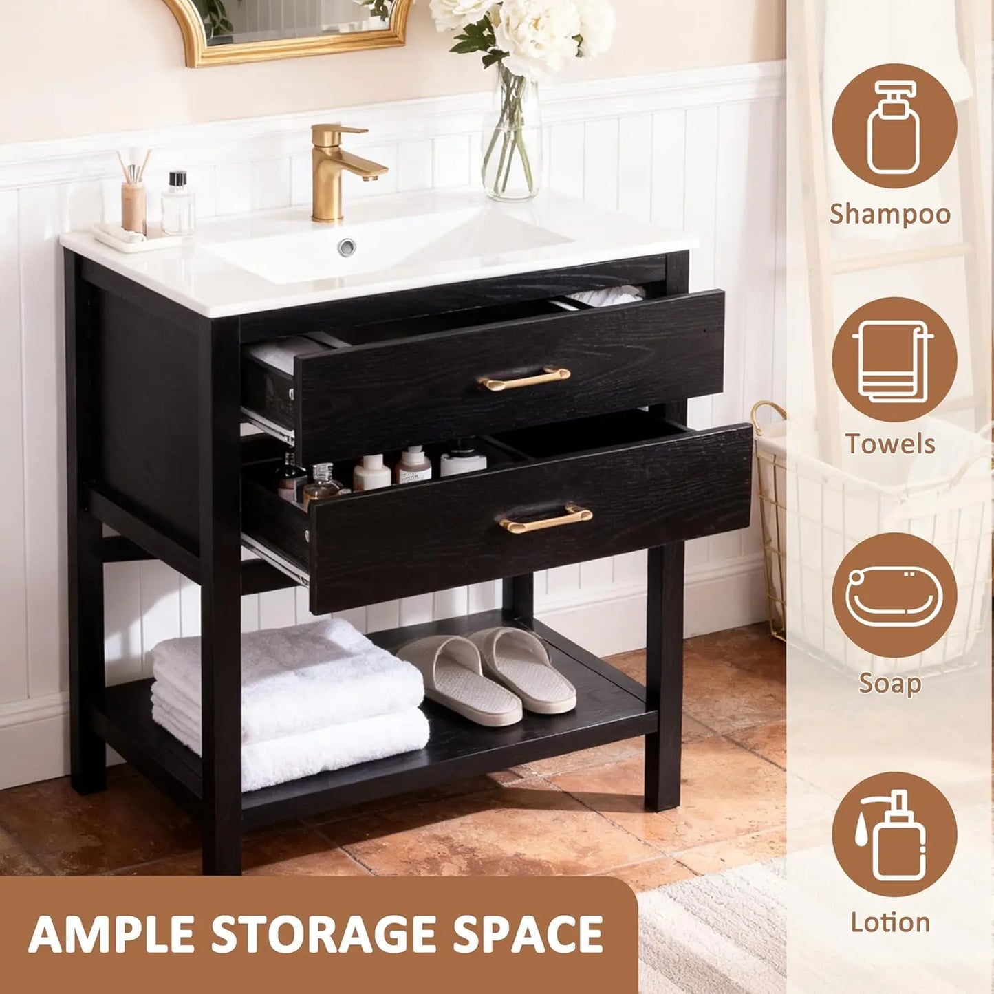 Farmhouse Freestanding Bathroom Vanity With Sink And Open Shelf