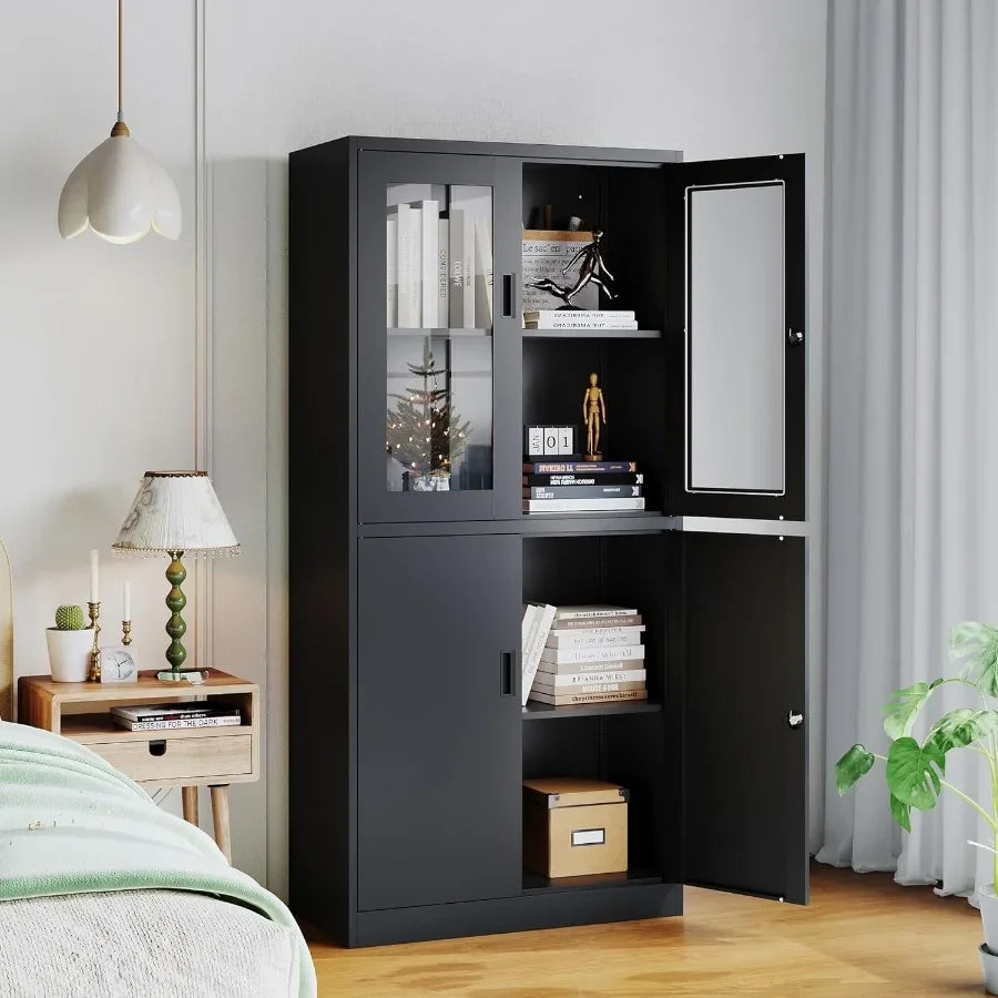 Lockable Metal Storage Cabinet With Glass Doors For Office Use