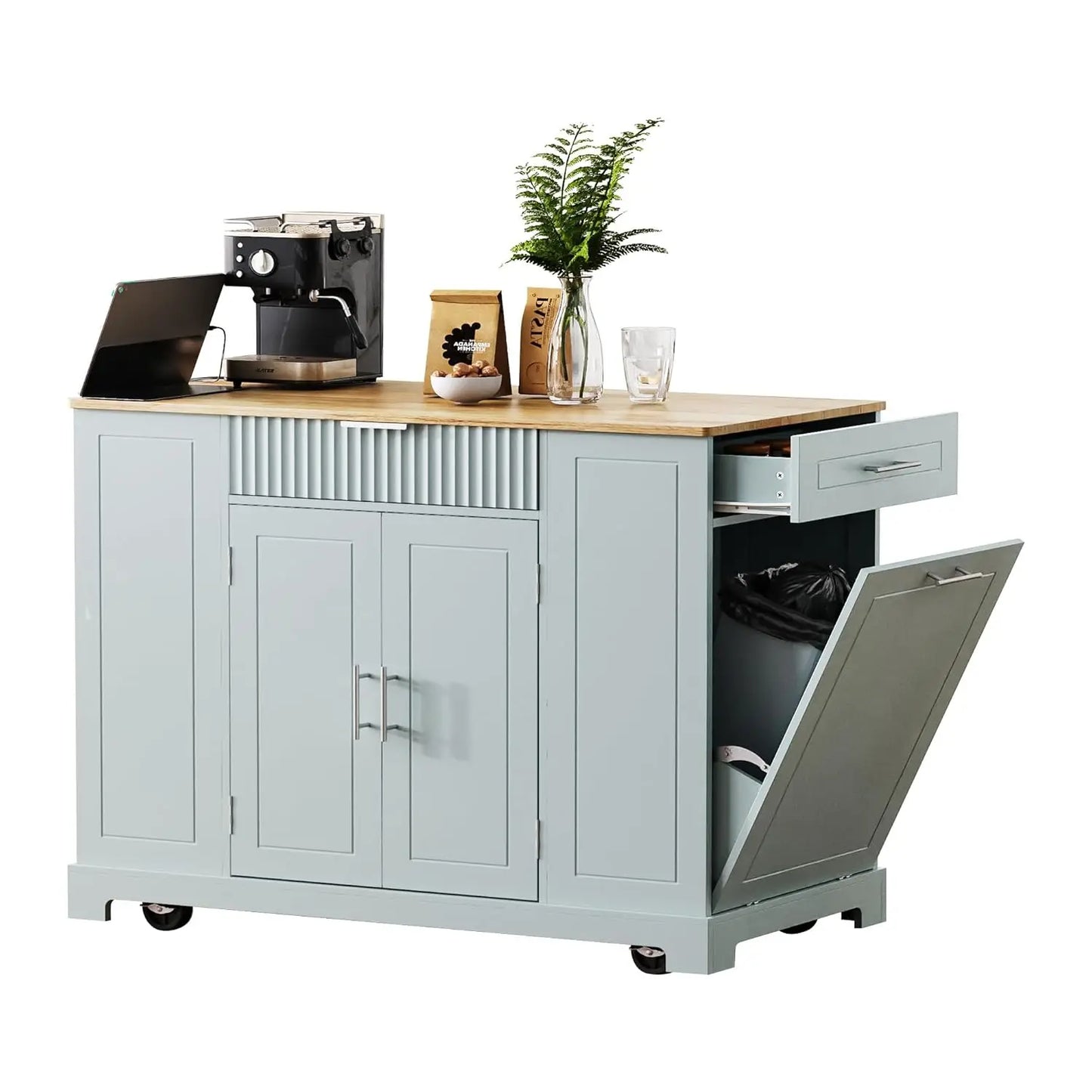 Fluted Rolling Kitchen Island With Power Outlet And Drop Leaf