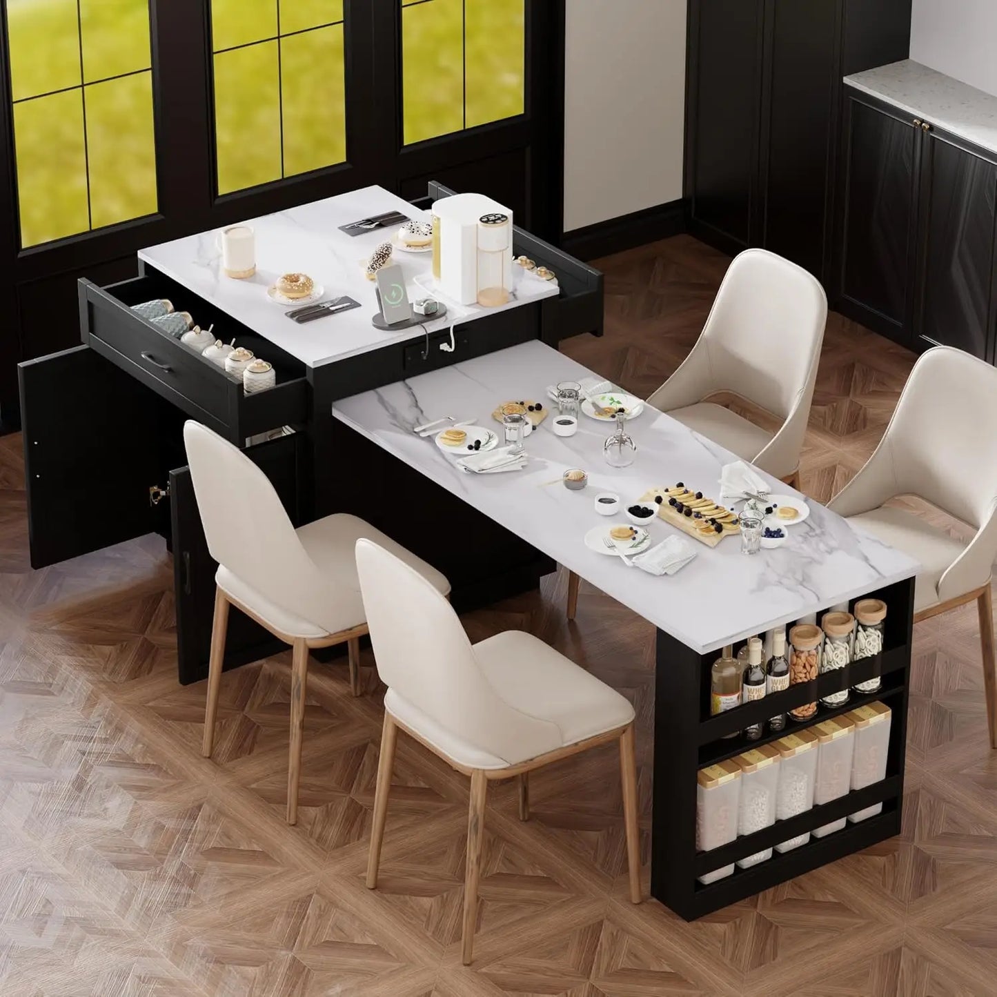 Fluted Rolling Kitchen Island With Power Outlet And Drop Leaf