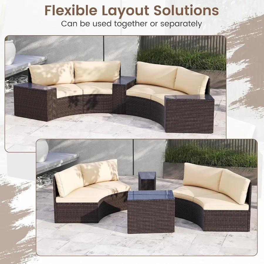 PE Rattan Half Moon Patio Sectional Set With Glass Tables