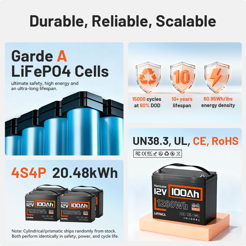 Humsienk 12V 100Ah LiFePO4 Battery Pack With 100A BMS