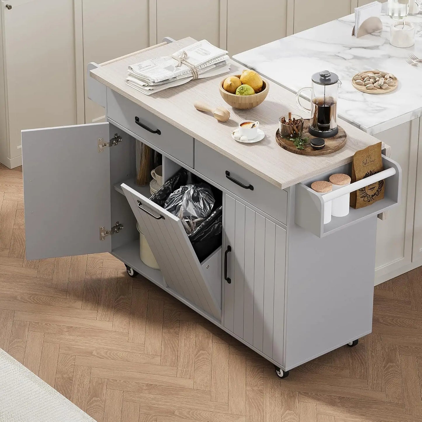 Fluted Rolling Kitchen Island With Power Outlet And Drop Leaf