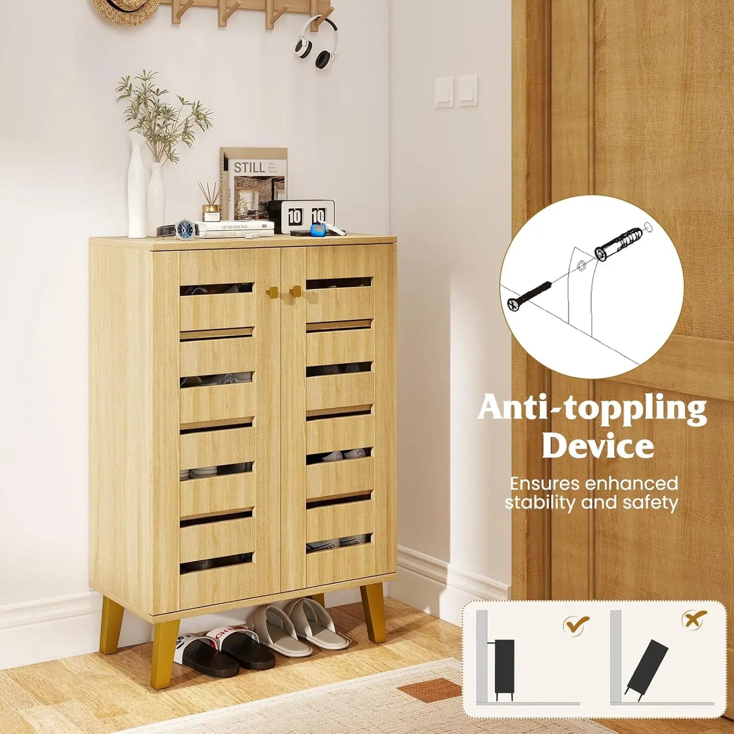 Shoe Cabinet With Doors Freestanding Shoe Rack Ventilated Slatted Shelves