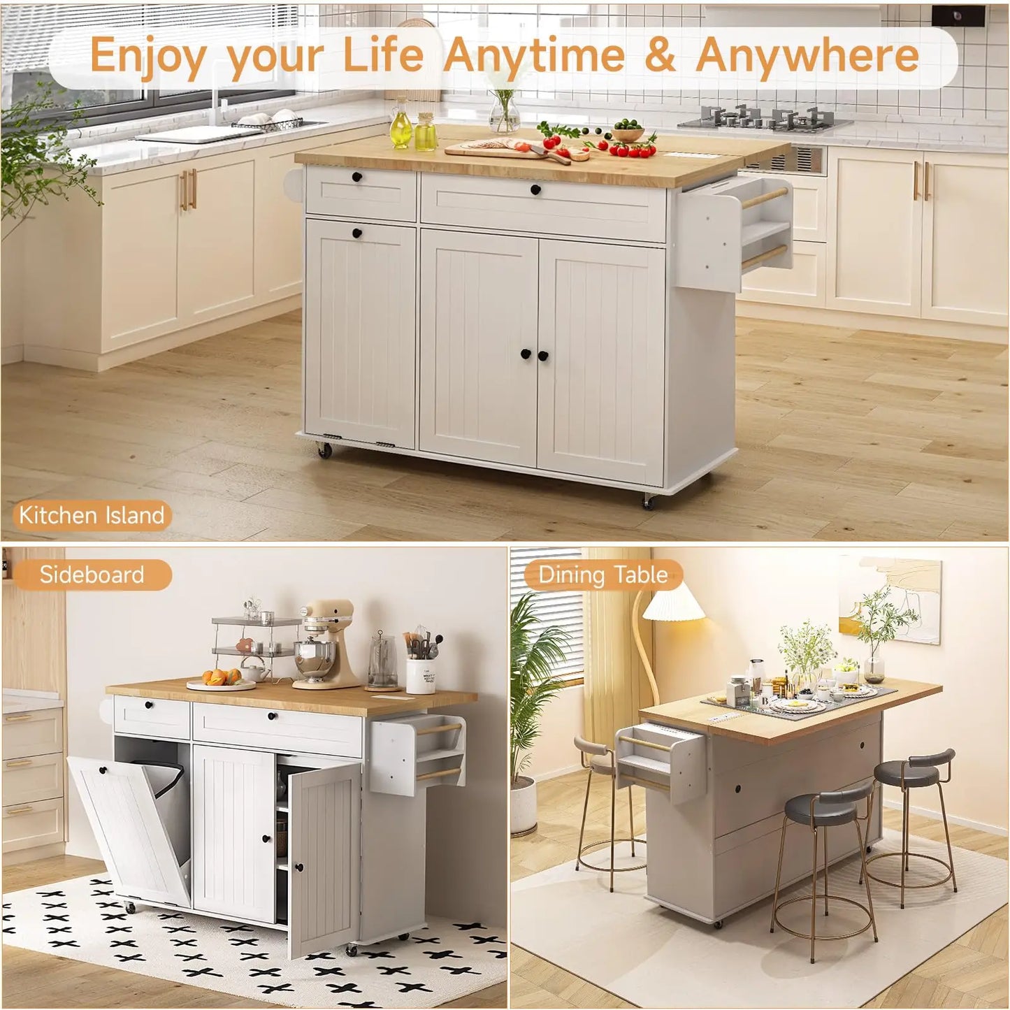ONBRILL Rolling Mobile Kitchen Island With Power Outlet Towel Rack