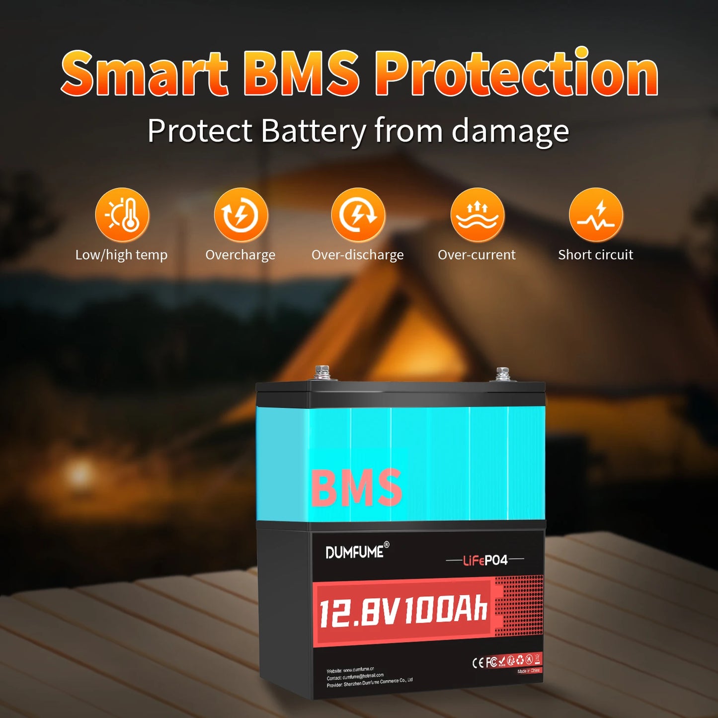 Dumfume 12V 100Ah LiFePO4 Battery With 100A BMS System