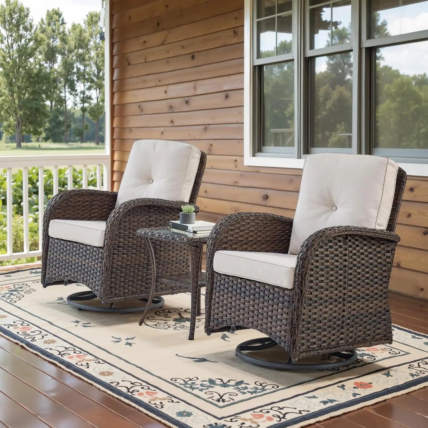 Wooden Outdoor Wicker Patio Swivel Rocker Glider Chairs Set With Side Table
