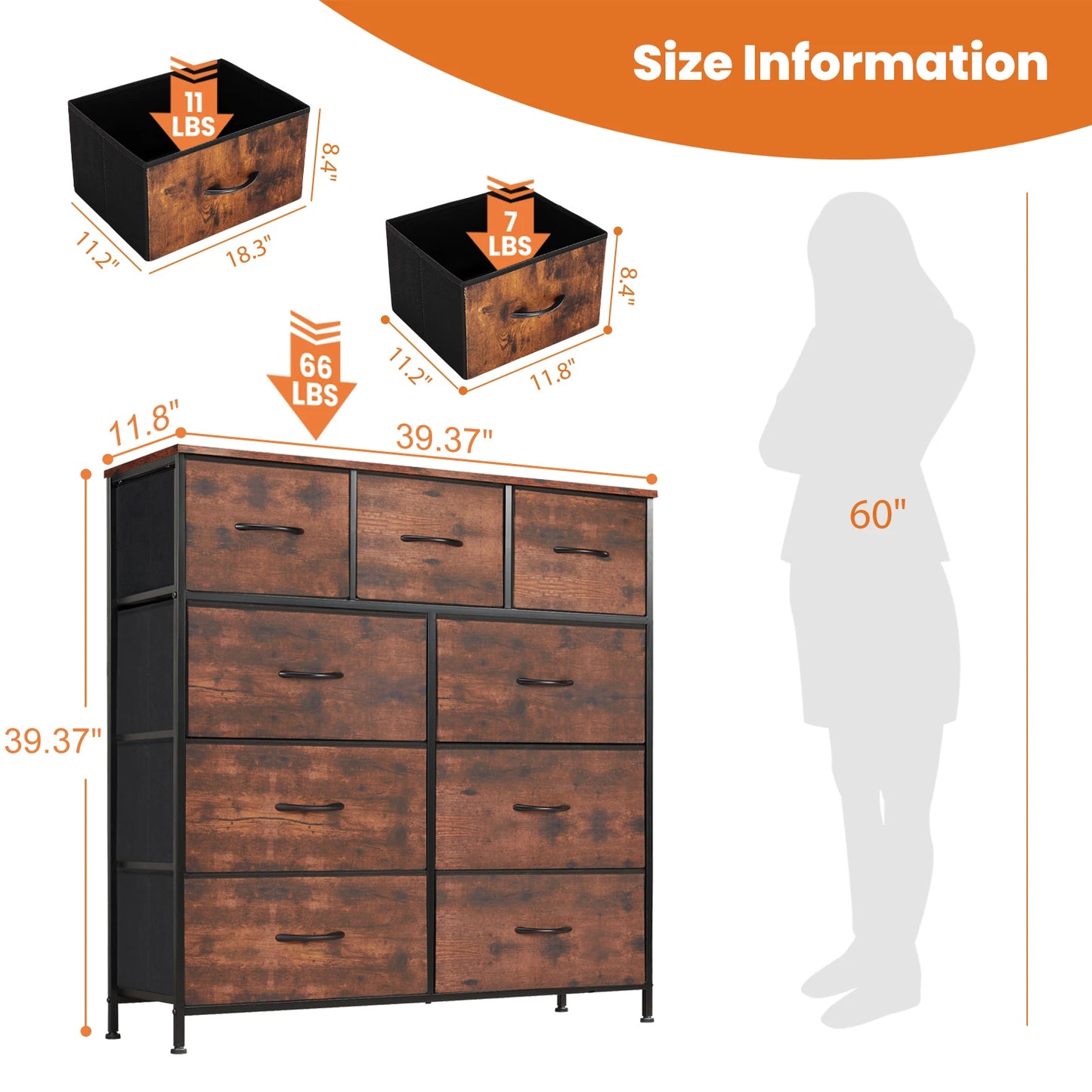 JHK Dresser With Nine Fabric Storage Drawers For Bedroom