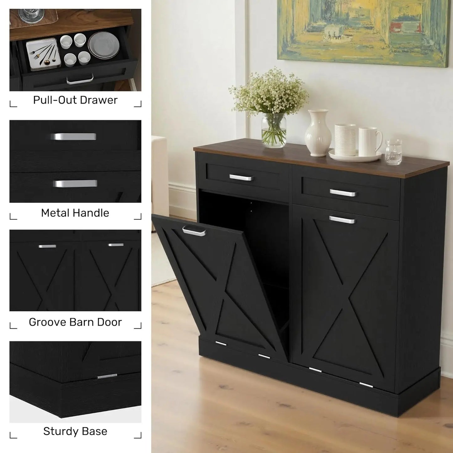 Double Tilt Out Trash Can Cabinet With Hidden Storage Drawers