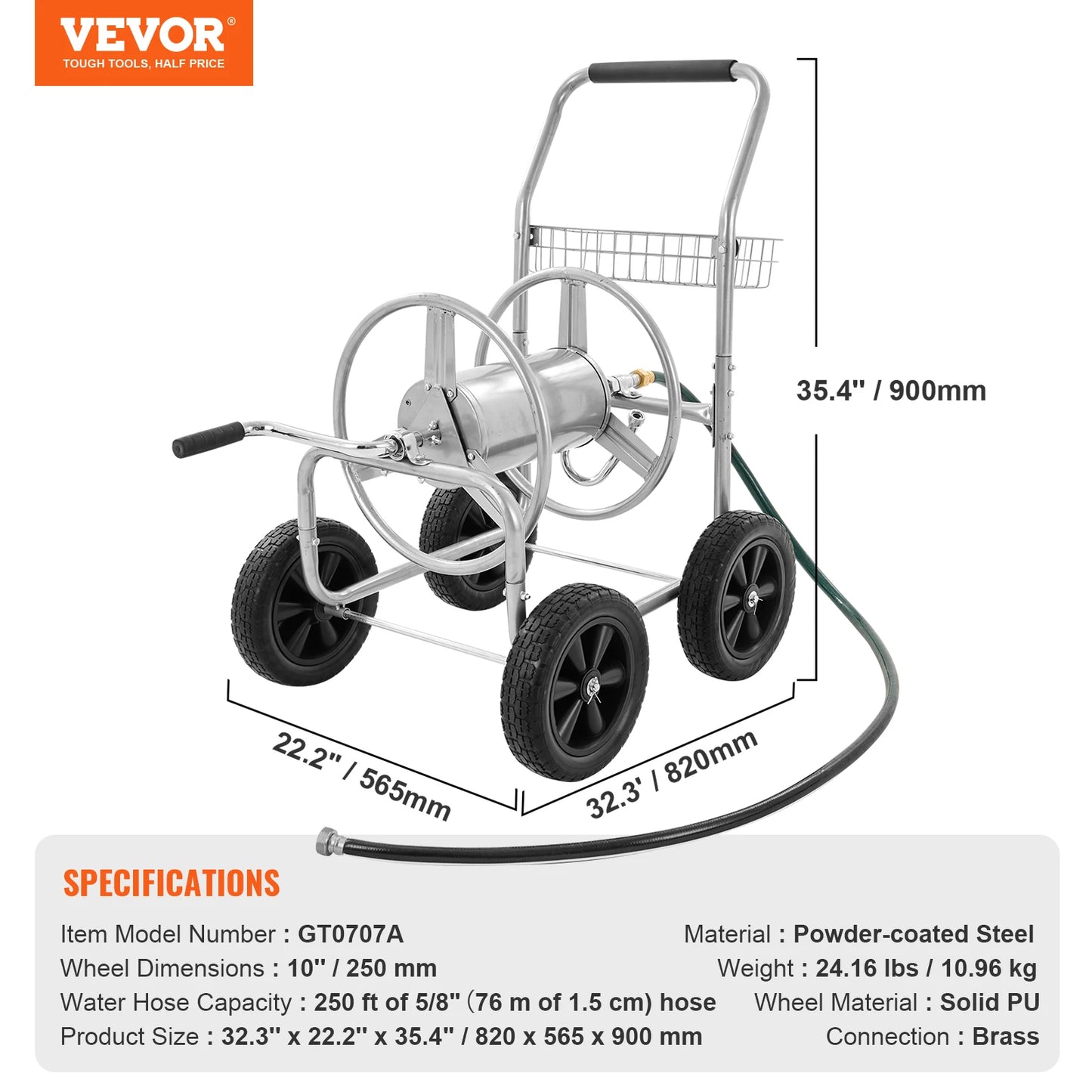 SucceBuy Hose Reel Cart With Basket Heavy Duty Garden Steel