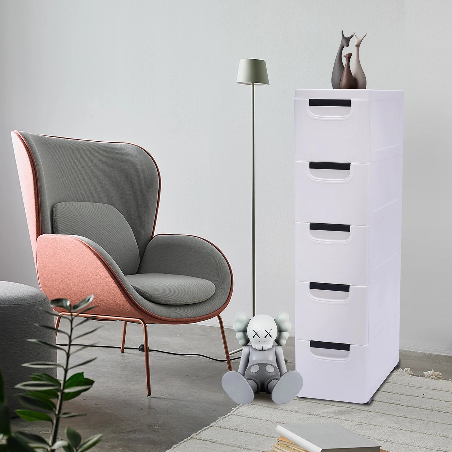 Large Capacity Storage Cabinet with 5 Compartmentalized Design Drawers, Organized Storage Cabinet , Flexible Movement
