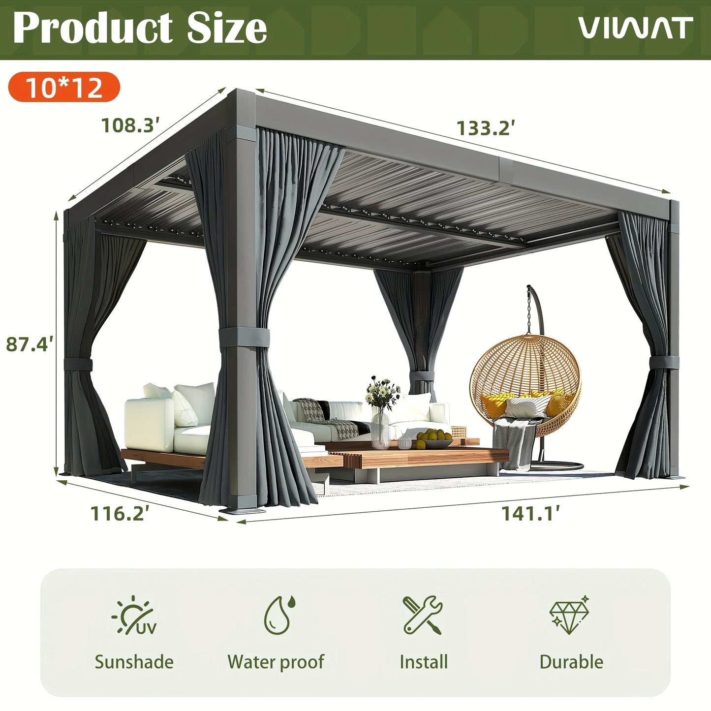 VIWAT Louvered Pergola Gazebo With Waterproof Roof For All Weather Outdoor