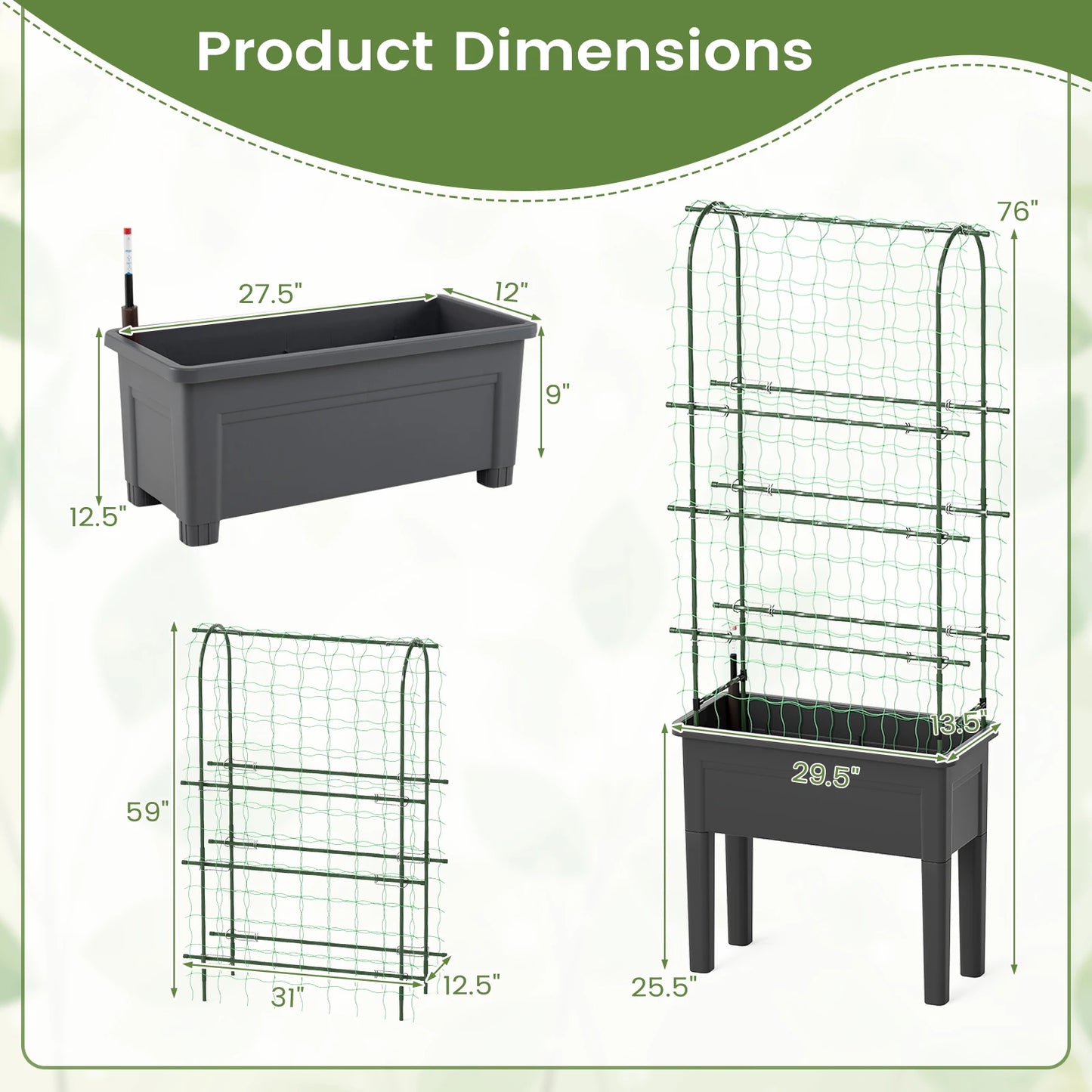 Raised Garden Bed Planter With Trellis And Water Level Indicator