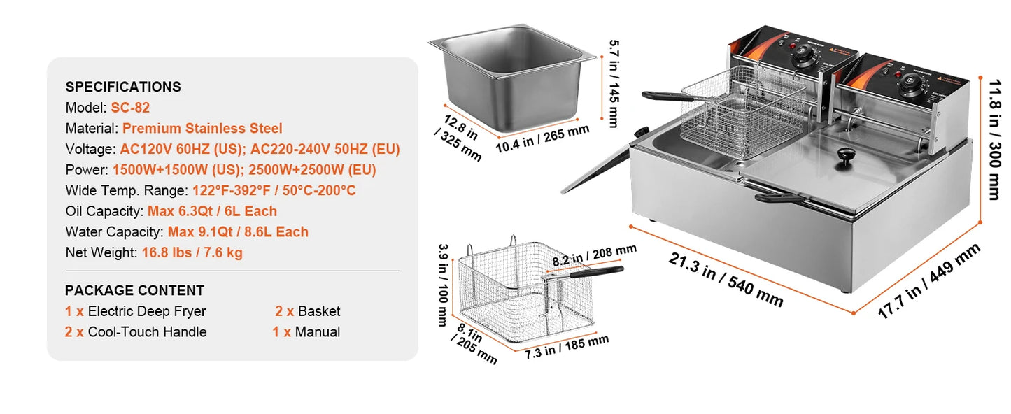 SucceBuy Twin Basket Electric Deep Fryer Commercial Countertop