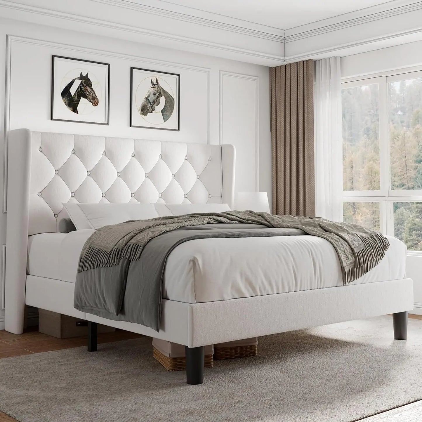 Queen Velvet Platform Bed With Button Tufted Upholstery And Wood Slats