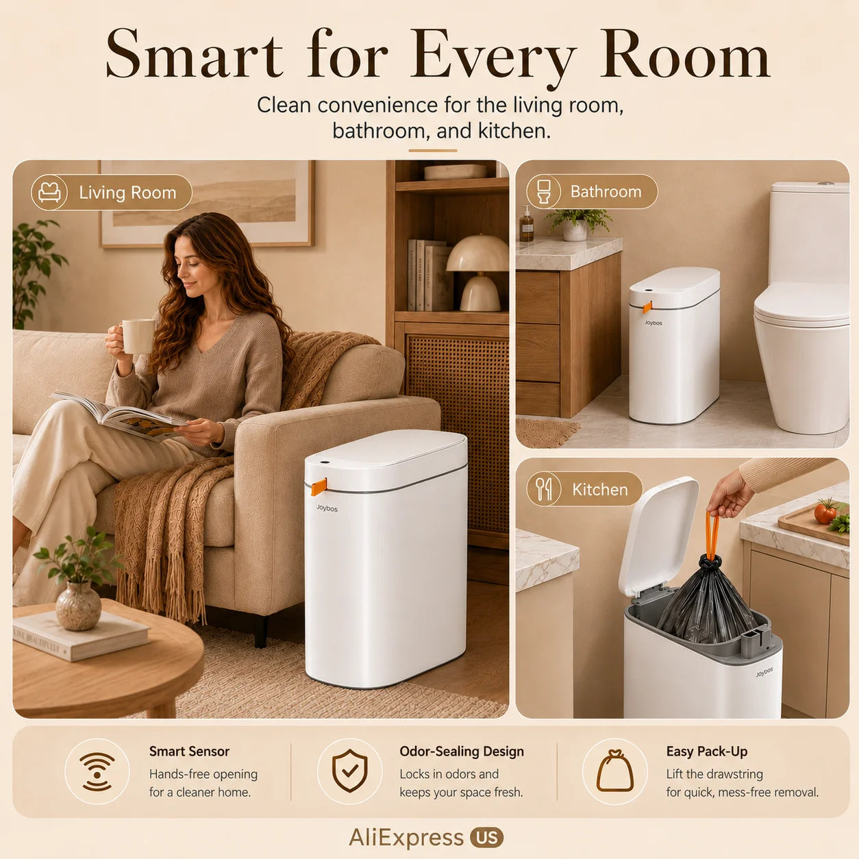 Joybos Auto-Lining Touchless Trash Can With Free Drawstring Bags