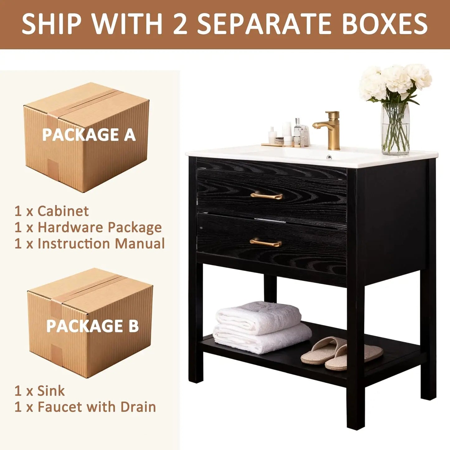 Farmhouse Freestanding Bathroom Vanity With Sink And Open Shelf
