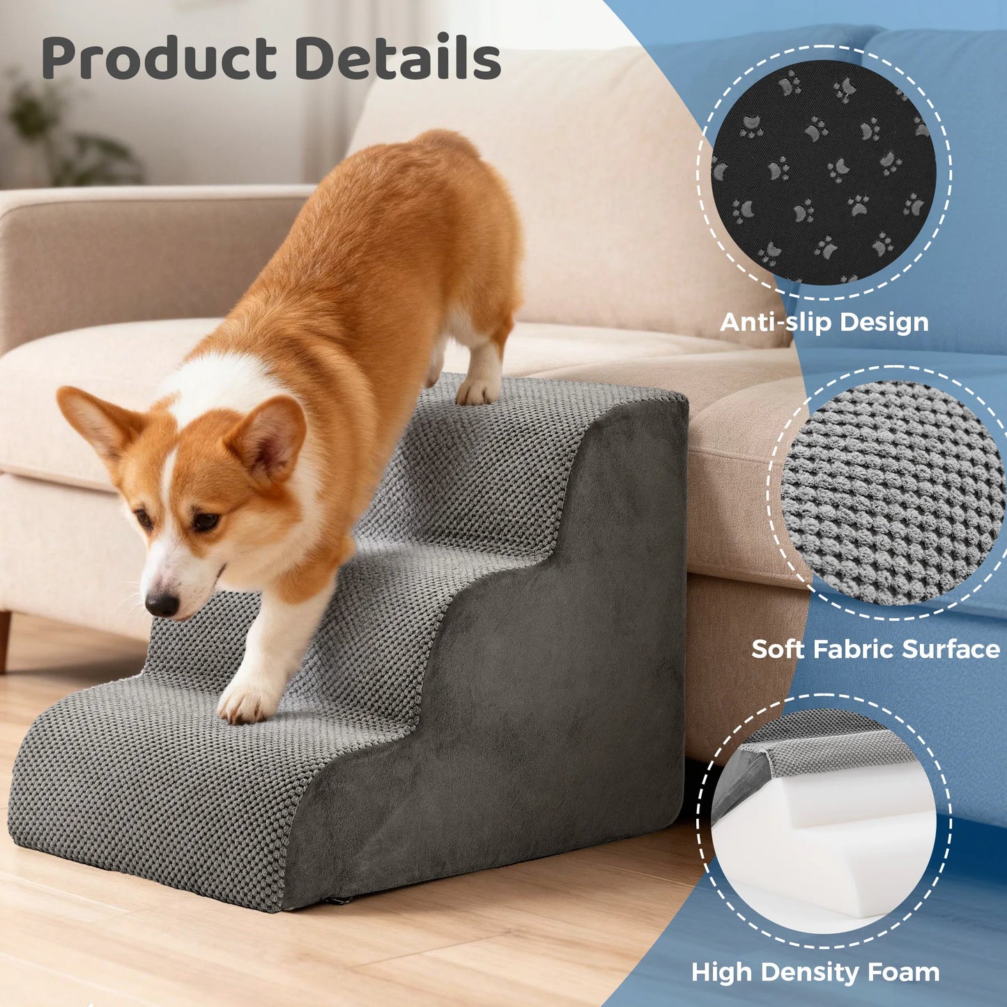 Curved High Density Foam Dog Stairs For Small Dogs Indoor Non Slip