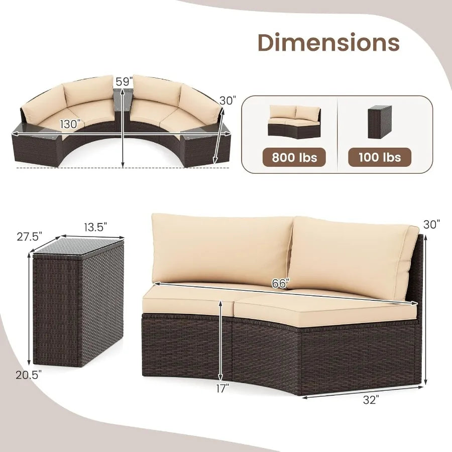 PE Rattan Half Moon Patio Sectional Set With Glass Tables