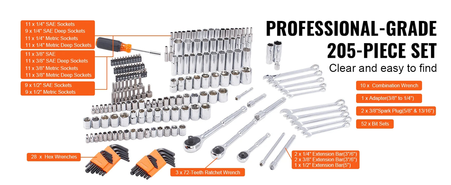 SucceBuy Mechanics Tool Set Deep And Standard Sockets 145 205 Pcs SAE Metric