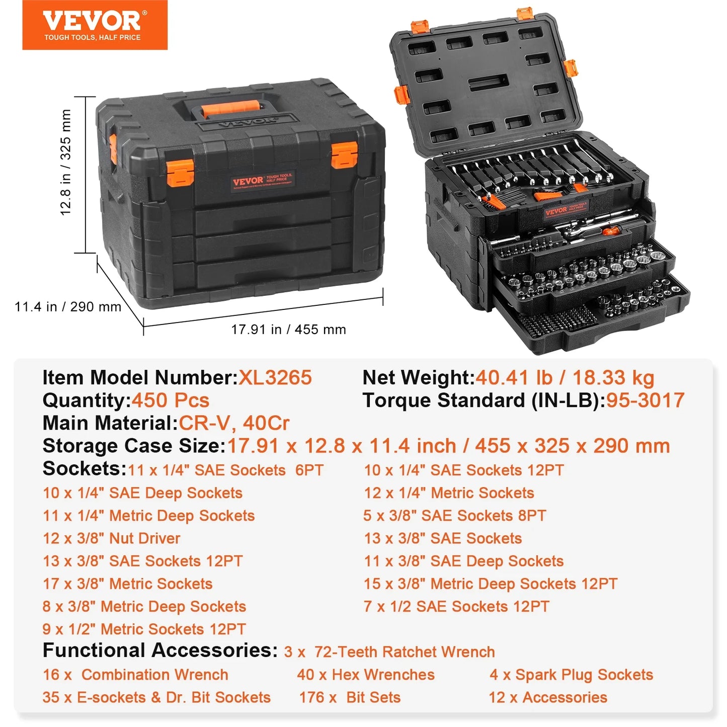 SucceBuy 450-Piece Mechanics Tool Set And Socket Kit SAE And Metric